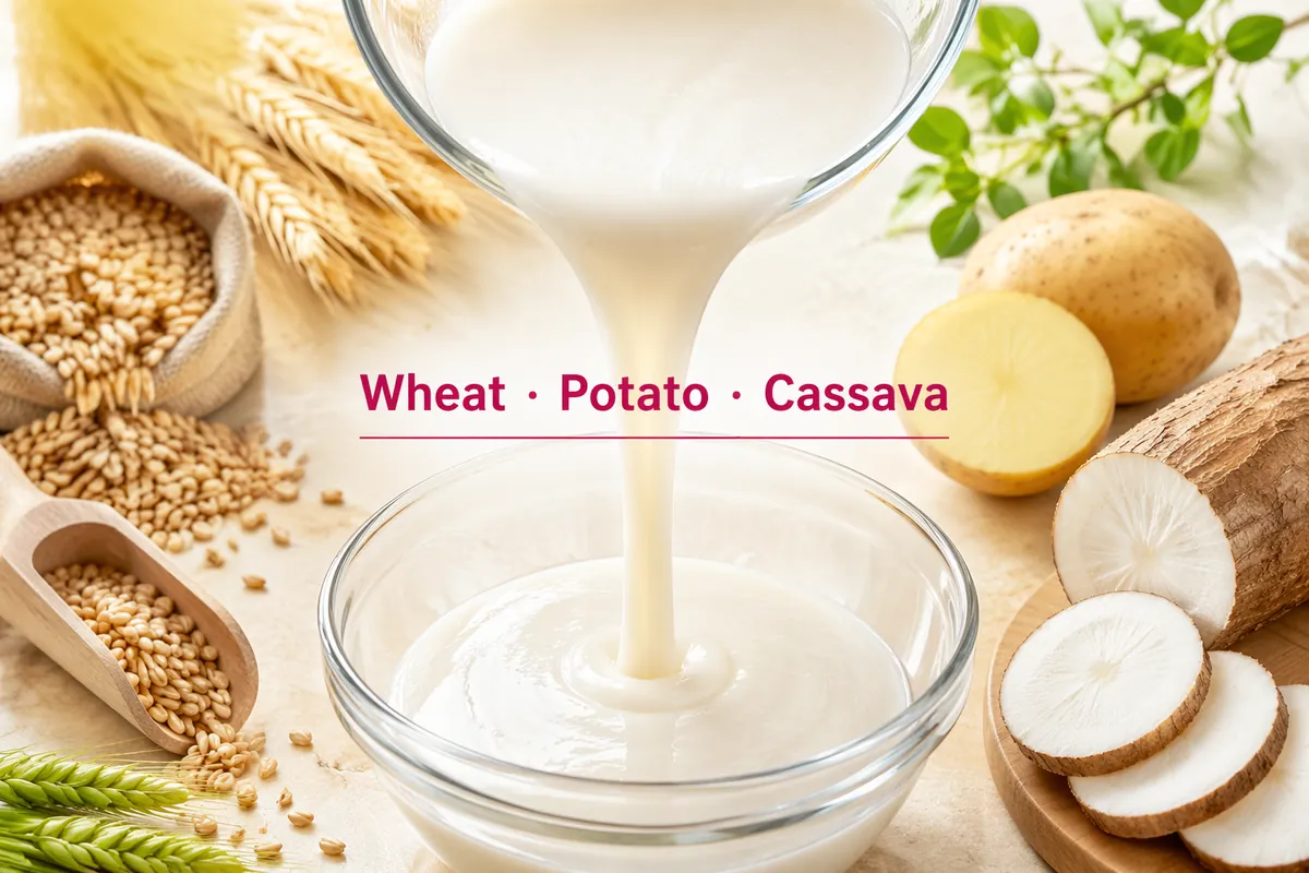 White starch slurry poured into a glass bowl, surrounded by wheat grain, a cut potato and sliced cassava root